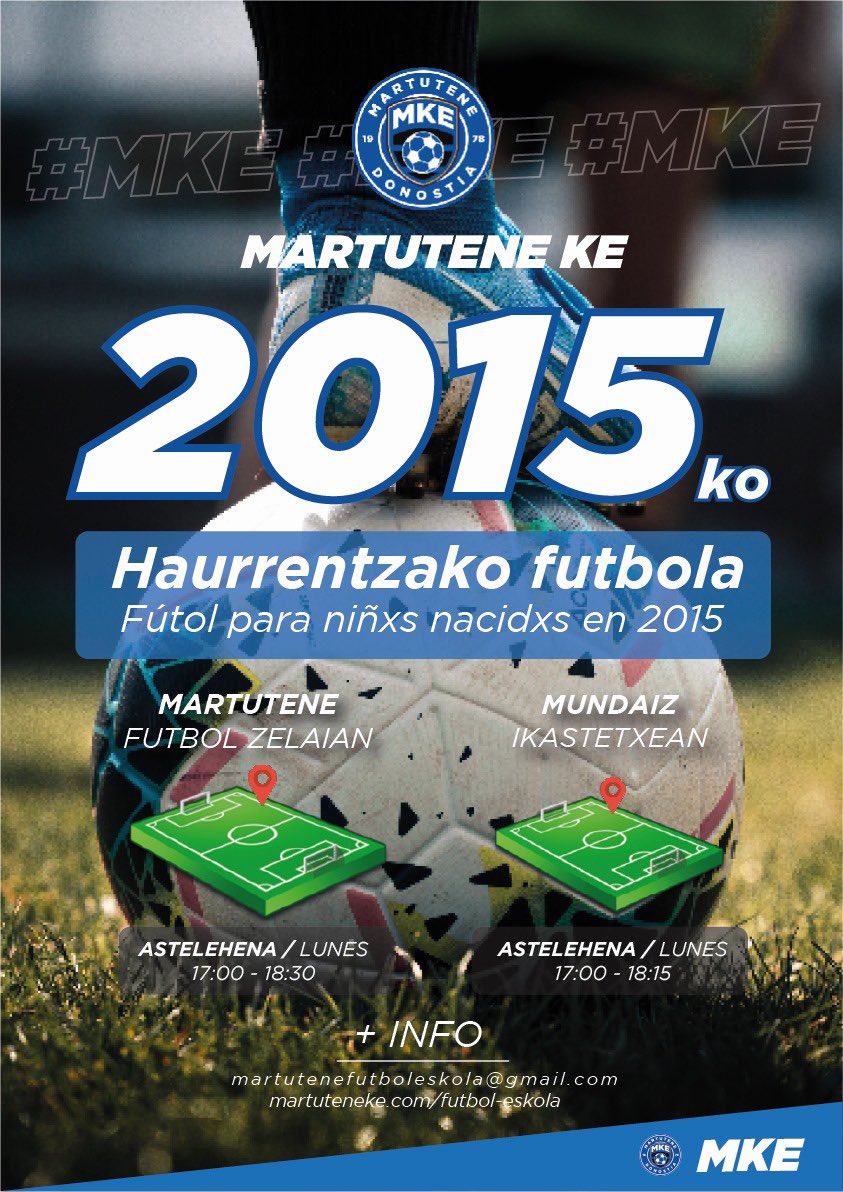 Niñxs de 2015!!

MKE Futbol Eskola realizamos entrenamientos en dos sedes: en el campo de fútbol de Martutene y en el colegio Mundaiz.

Si estás interesadx, pásate a entrenar con nosotros un lunes y disfruta disfruta del fútbol haciendo nuevxs amigxs.

Anímate ! ⚽🥅💙🖤