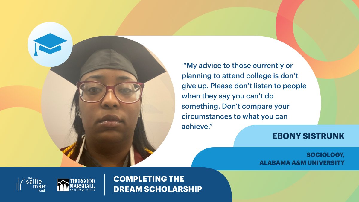 SallieMae's tweet photo. Congrats to The Sallie Mae Fund’s Completing the Dream Scholarship recipient, Ebony Sistrunk! Ebony studied sociology at @aamuedu, and is working on her master’s in rehabilitation counseling. https://t.co/okuf6vIhsh #SallieMaeScholarships #HBCU https://t.co/tmKjGVNFwY