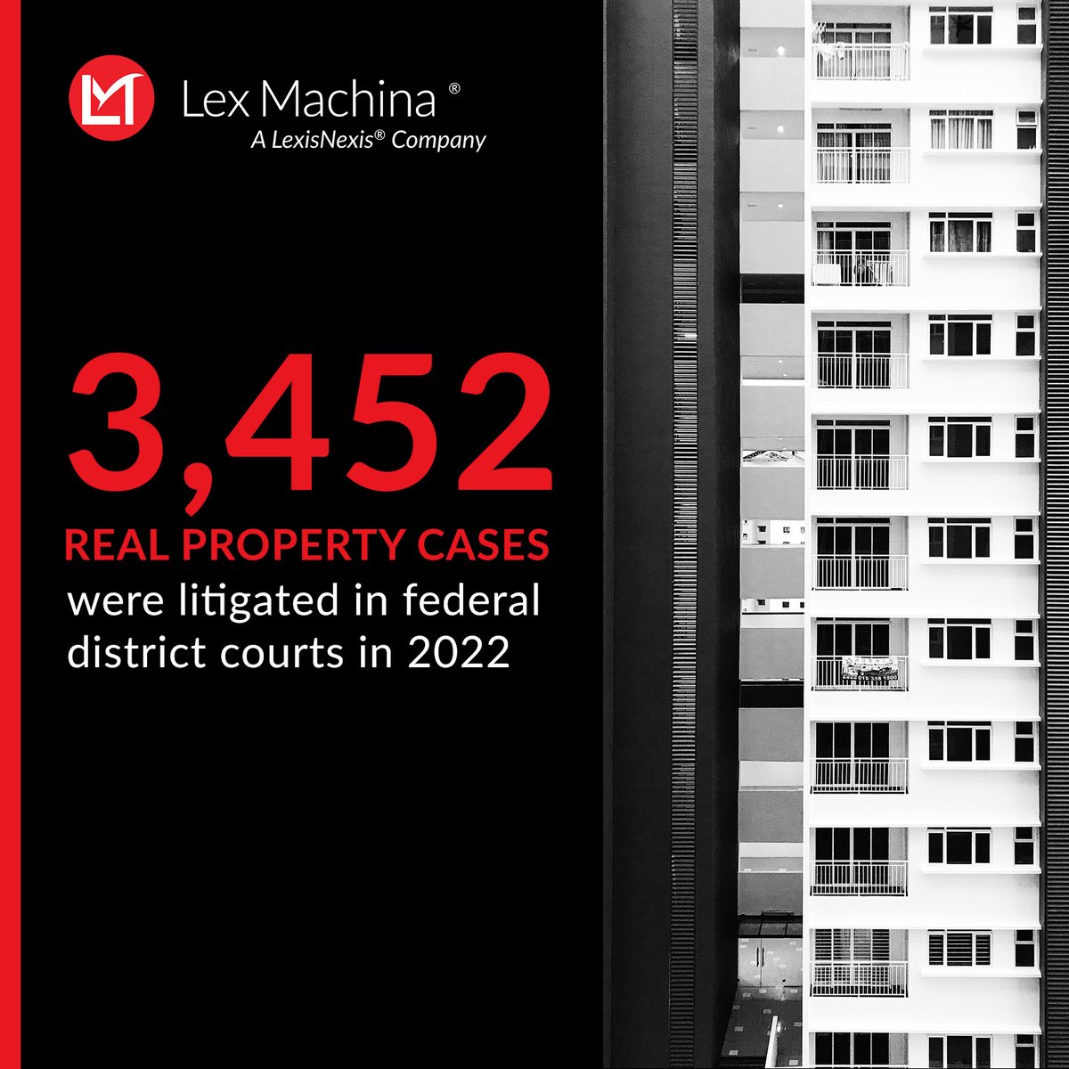 LexisNexis's tweet image. In 2022, federal district courts had 3,452 real property cases, a 27% jump from 2021 but 63% less than 2013's peak.

What's driving these shifts? Dive into the data and download the @LexMachina report now! bit.ly/3S6Wm9h

#LexMachina #RealProperty