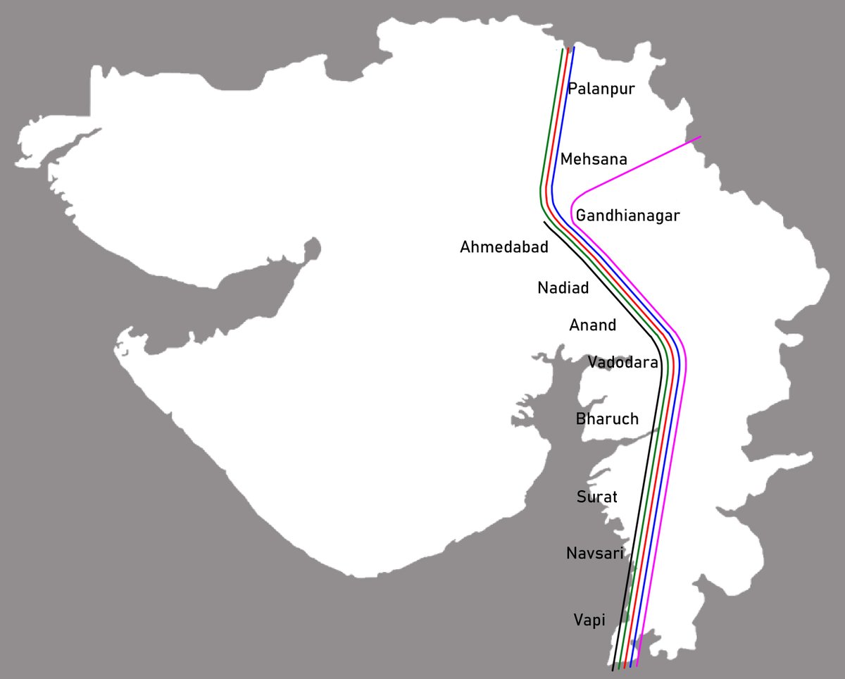 These 5 lines show the future of Gujarat.

1⃣ Black → Bullet Train 

2⃣ Green → 2 lines of WDFC (double stack + electrified + heavy-duty) 

3⃣ Red → 2 lines of Indian Railways (double stack + electrified + upgraded for speed)

4⃣ Blue → Access-Controlled Expressway (6 &amp; 8