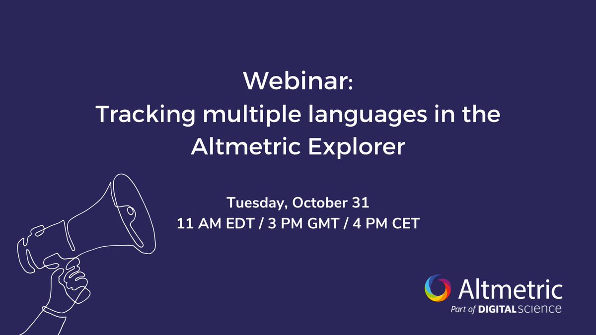 📢 New webinar: "Tracking multiple languages in the <a href="/altmetric/">Altmetric</a> Explorer". Find out how different languages contribute a unique voice to the representation of #research &amp; #trust. 

🗓️ Tues 31 Oct

Register now: ow.ly/624C50Q09ls

<a href="/herrison/">Mike Taylor</a> <a href="/C_Areia/">Carlos Areia</a> #Wikipedia #Altmetrics