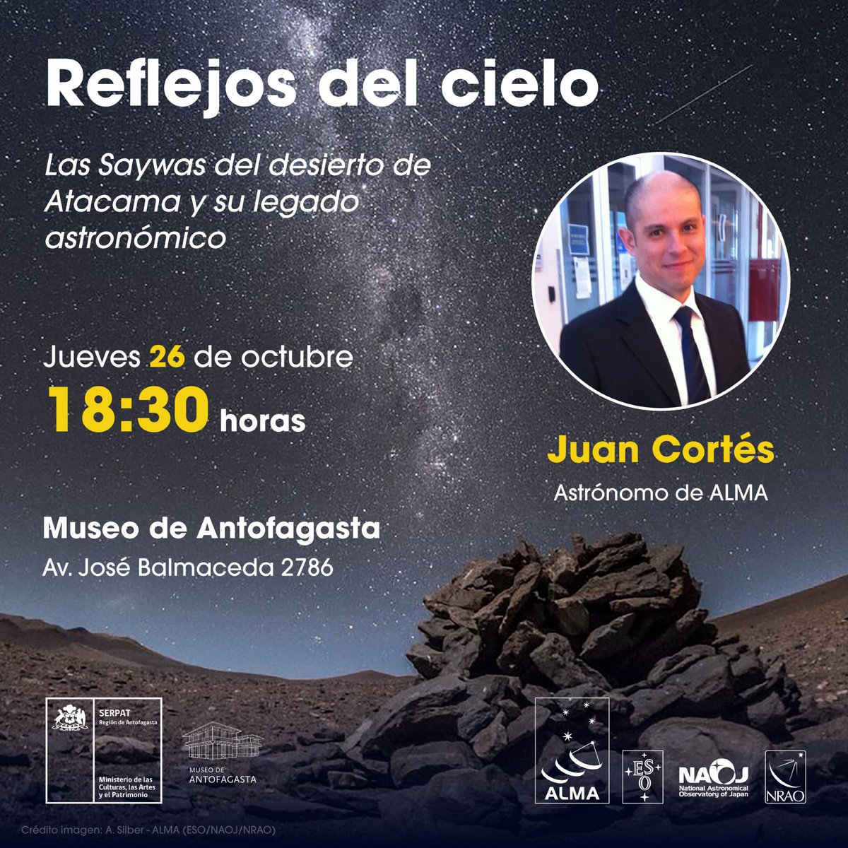 📡¡Última charla #ALMA10 años en Antofagasta!
Con nuestro astrónomo Juan Cortés: "Reflejos del cielo: las saywas del Desierto de Atacama y su legado astronómico".
🗓️26 de octubre
⏰18:30 horas
📍<a href="/ntofagastamuseo/">Museo de Antofagasta</a> Av. José Balmaceda 2786.