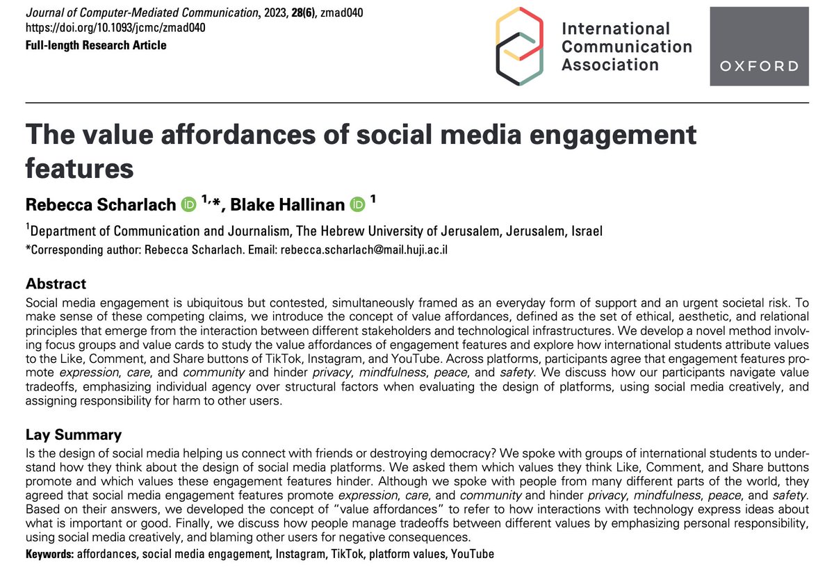 Rebecca Scharlach (@rscarlets) on Twitter photo My 2nd PhD article, written with <a href="/blakeplease/">Blake Hallinan</a>, is out in <a href="/ica_jcmc/">Journal of Computer-Mediated Communication</a>!
We developed the new concept of value affordances of social media engagement features 👇(1/10)
academic.oup.com/jcmc/article/2… My 2nd PhD article, written with <a href="/blakeplease/">Blake Hallinan</a>, is out in <a href="/ica_jcmc/">Journal of Computer-Mediated Communication</a>!
We developed the new concept of value affordances of social media engagement features 👇(1/10)
academic.oup.com/jcmc/article/2…