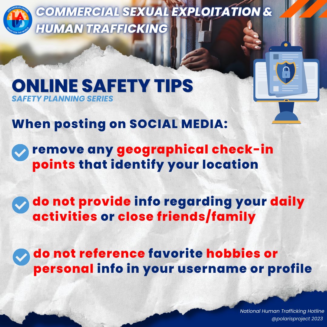 LAUSD Student Support Programs (@lausd_ssp) on Twitter photo ASSESS the current risk and identify potential safety concerns
Create STRATEGIES to avoid/reduce threat or harm
Outline concrete OPTIONS for responding when safety is threatened/compromised.
VISIT humantraffickinghotline.org/en/safety-plan…
<a href="/SHHSLausd/">Student Health and Human Services</a>
<a href="/PbisRp/">LAUSD PBIS/RP</a>
<a href="/lausd_psa/">LAUSD Pupil Services & Attendance</a>
<a href="/LAUSDHEO/">Homeless Ed Office</a>
<a href="/WPLausd/">Wellness Programs_LAUSD</a> ASSESS the current risk and identify potential safety concerns
Create STRATEGIES to avoid/reduce threat or harm
Outline concrete OPTIONS for responding when safety is threatened/compromised.
VISIT humantraffickinghotline.org/en/safety-plan…
<a href="/SHHSLausd/">Student Health and Human Services</a>
<a href="/PbisRp/">LAUSD PBIS/RP</a>
<a href="/lausd_psa/">LAUSD Pupil Services & Attendance</a>
<a href="/LAUSDHEO/">Homeless Ed Office</a>
<a href="/WPLausd/">Wellness Programs_LAUSD</a>