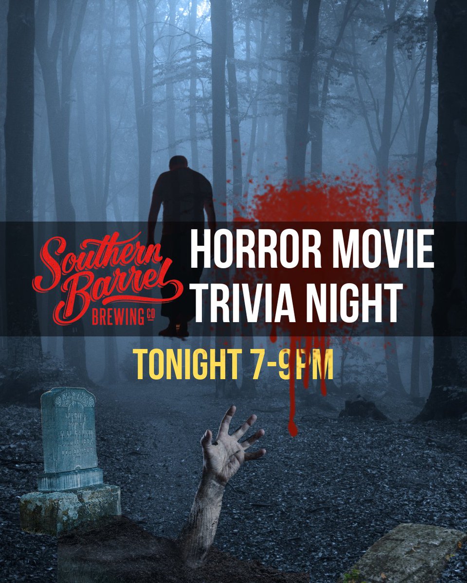 SouthernBarrel's tweet photo. Join us TONIGHT from 7-9pm for a chilling night of Trivia as your host, Kevin, tests your knowledge on all of the best Horror Movies! 🎃 While you're here enjoy an order of wings tossed in our NEW Duffy Sauce - created by Chef Bo! 😋

Tavern Hours: 3-10pm https://t.co/bPNTNifSw0