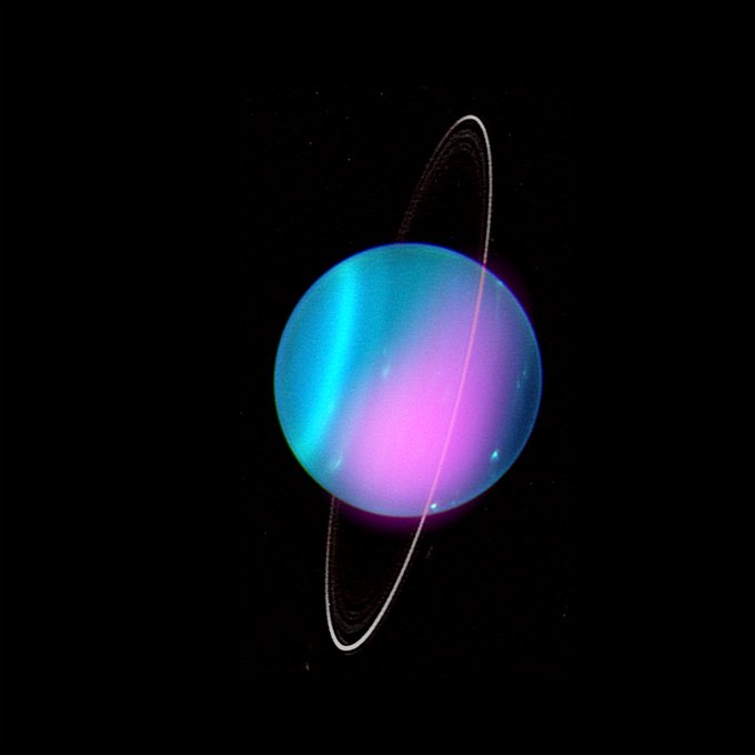 Colorful infrared image of Uranus, showing its faint ring and extreme tilt