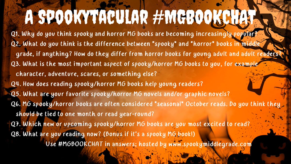 WELCOME spooky #mg fans! Happy (day before) Halloween. Thank you for helping us celebrate with this spookytacular #mgbookchat. Please introduce yourself and here are tonight's Qs: