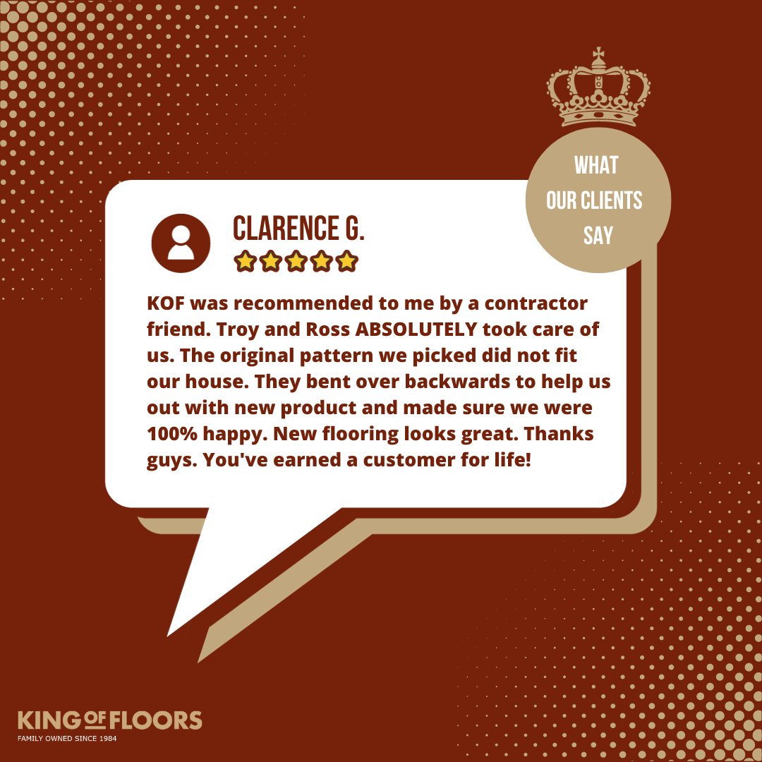 We always strive to give our customers the BEST experience in our showroom. Come on down to the King of Floors to get the royal treatment 👑

 #KingOfFloors #RoyalTreatment #FlooringSolutions #HomeImprovement #InteriorDesign #CustomerSatisfaction #FlooringExperts #HomeDecor