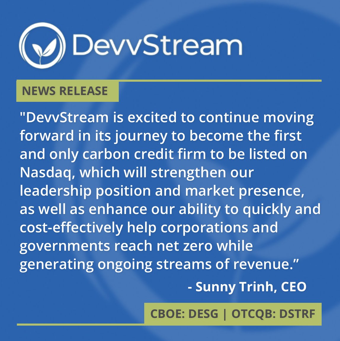 DevvStream's tweet photo. NEWS: DevvStream Reaches Key Milestone Toward Nasdaq Listing  

The Company has made significant progress since the execution of its definitive business combination agreement with Focus Impact  

🔗 https://t.co/qFljPxuuDe 

$DESG #CarbonCredits #Sustainability https://t.co/1cdbHbUitn