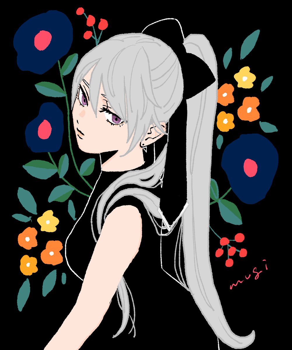 higuchi kaede 1girl solo ponytail flower long hair purple eyes black background  illustration images