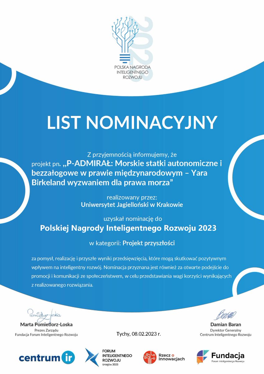 BAStepien's tweet photo. I am delighted to share with you that some time ago, my #ProjectADMIRAL:Autonomous and Unmanned Vessels in International Law" received a nomination for the Polish Intelligent Development Award 2023 in the category of "Project of the Future".
#AwardNomination https://t.co/3ZPznWF5dk