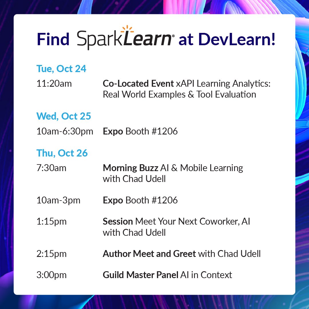 SparkLearnApp's tweet image. Greetings from vibrant Las Vegas! 🎰 We're diving into an exciting week at #DevLearn, starting with today's Co-Located Event: xAPI User Conference. Stay tuned for insights and innovations in learning technology! #DevLearn2023 #xAPI #LearningTechnology #SparkLearn