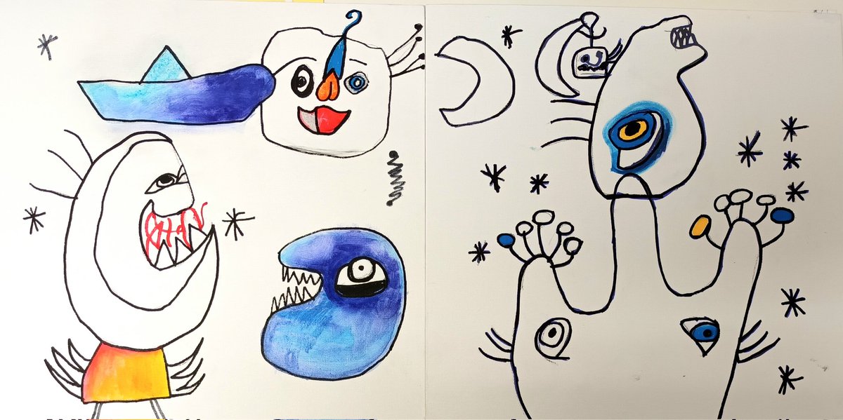 moe_rocksmoore's tweet photo. M & L enjoyed finishing and hanging the @JoanMiroArt inspired canvas and J & L began some new pieces! @StJamesPSR @waspsstudios @createpaisley @Creative_Ren @RenEdHWB #miro #ilook #letsfillthisschoolwithart ☆ https://t.co/KWgHx6PpIA