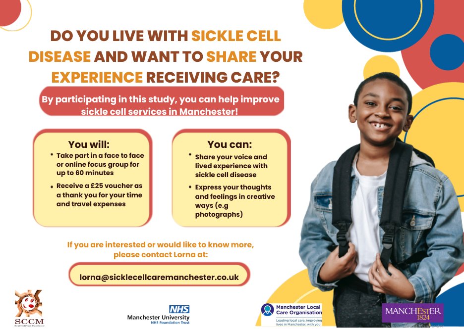 hcc_mft's tweet photo. Do you know anyone living with Sickle Cell? Are they willing to share their experiences and the opportunity to receive a £25 voucher and travel expenses? @sickle_caremcr are running a study to help improve sickle cell services in Manchester! Please help us to improve care @MFTnhs https://t.co/80jhLRstzJ