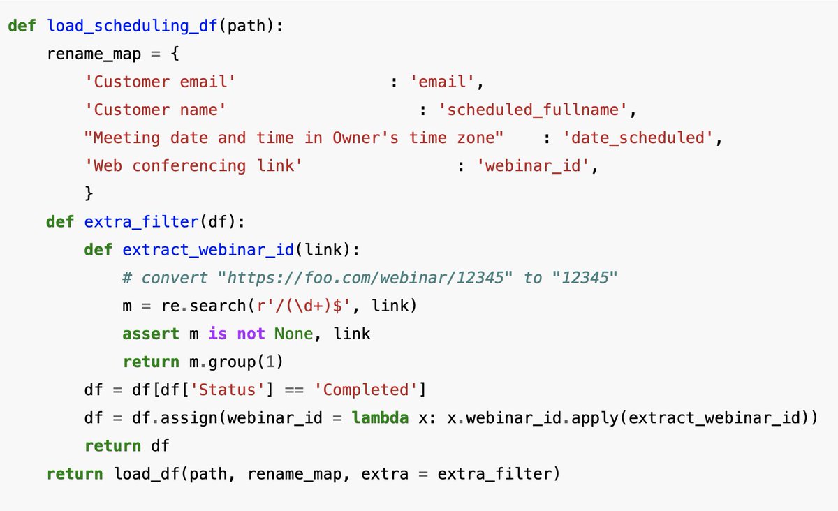 powerfulpython's tweet image. Panda's powerful abstractions
Here's a function I wrote:
This is pulled from real production code. "df" is a Pandas dataframe. And this function, load_df(), is a "building block" function. It's used to load data from a variety of different CSV files, and process them into…