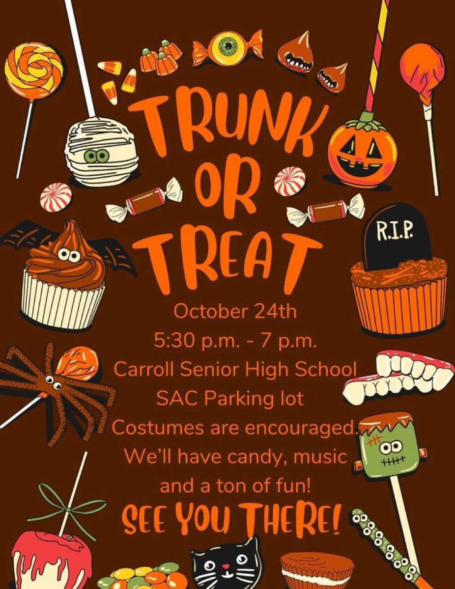 Don't miss out! The Carroll Senior High Student Council is hosting its First Annual Trunk or Treat Tuesday evening, October 24th, from 5:30 p.m. to 7:00 p.m. in the Student Activity Center parking lot (back of Carroll Senior High). #DragonProud