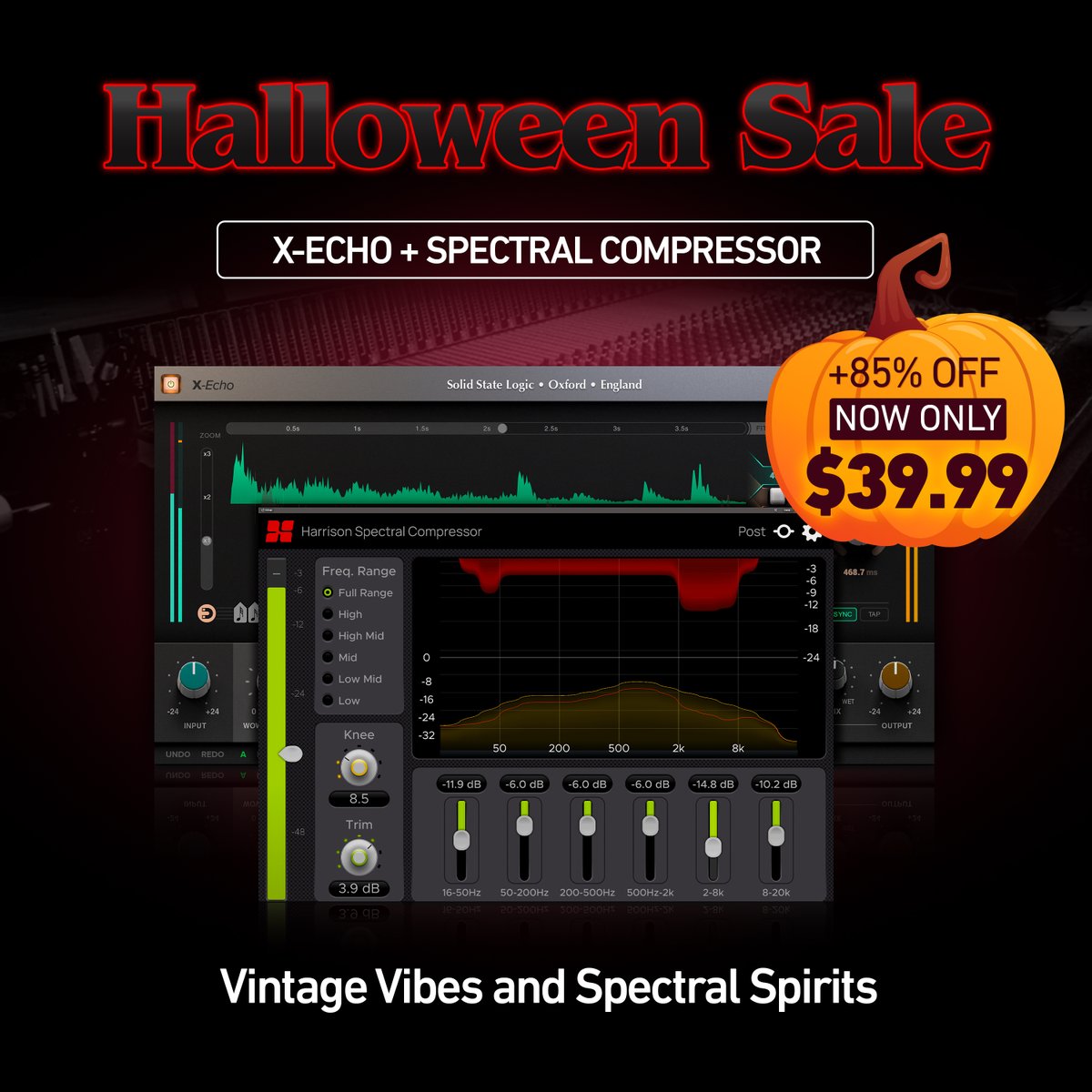 Introducing the Harrison X SSL Halloween Sale!
Get the SSL X-Echo + Harrison Spectral Compressor for ONLY $39.99 (WAS $289.98)  bit.ly/3Q7Rga8
This Halloween, Harrison &amp; SSL are serving up a spooky duet of plugins that will send shivers down your mix bus.
#Harrison #SSL