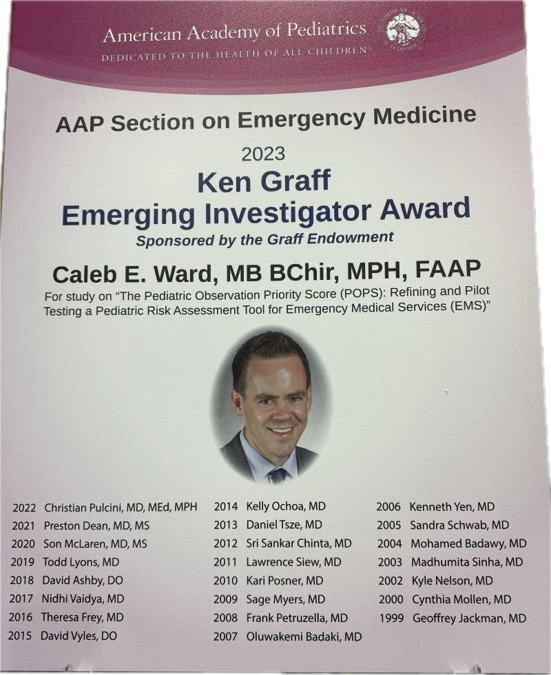 DennisRenMD's tweet photo. Congratulations to Dr. Caleb Ward for winning the #SOEM Ken Graff Award! @ChildrensNatl Division of Emergency Medicine Represent!!! 👏👏👏@DrJoSimps @monikagoyal123 #AAP2023 https://t.co/MRSn4ENBfu
