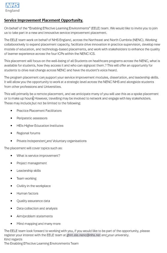 Jen14353147's tweet photo. Dear Students,
The Enabling Effective Learning Environments team have new placement opportunities focussed on the well-being of all students across the NENC area. This placement begins on 06/11/23 and runs for 6 weeks, this can be used as a spoke placement.
Further Details Below. https://t.co/V9hbUJmd59