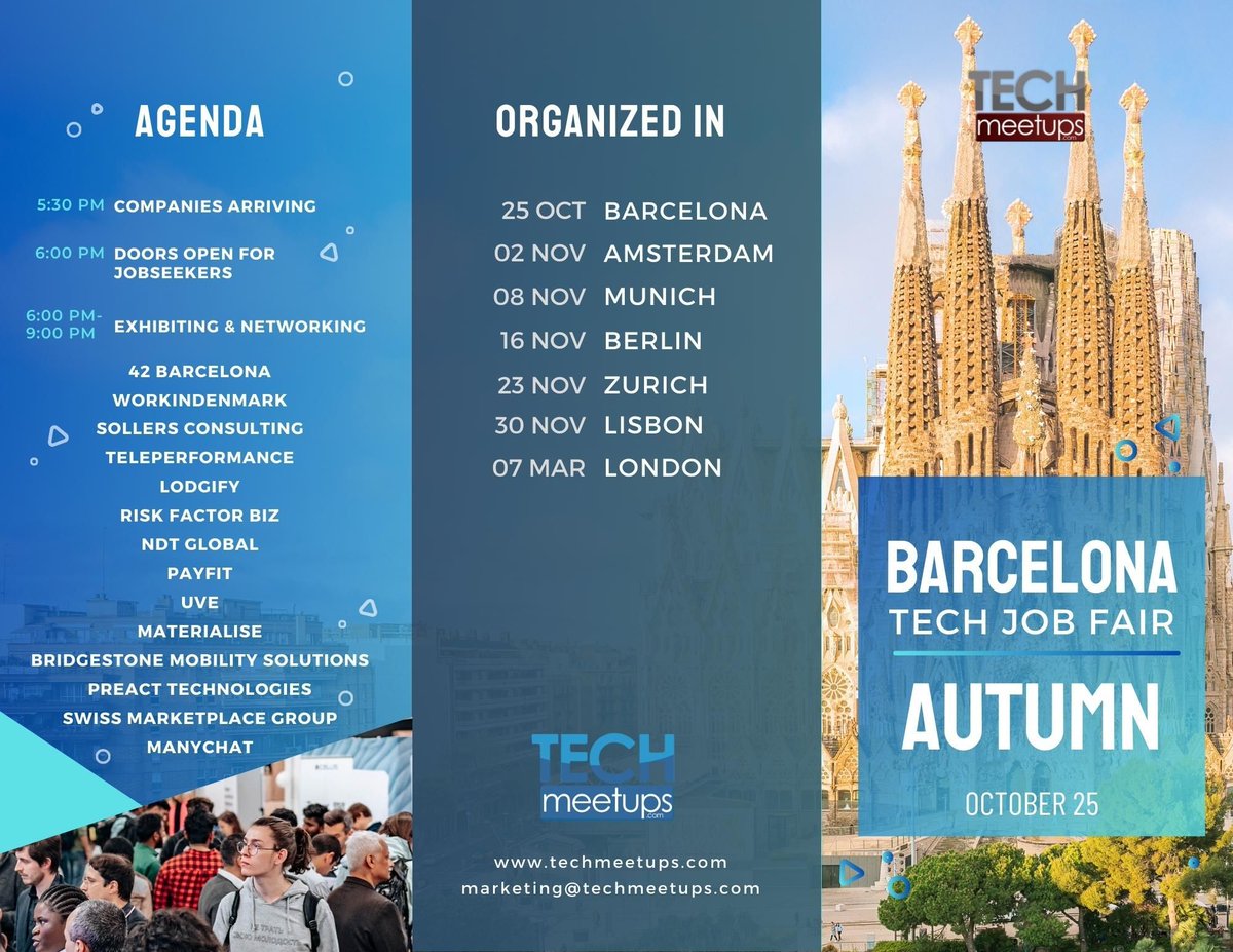 TechStartupJobs's tweet photo. Connect with these companies at the Barcelona Tech #JobFair: https://t.co/yBeWAgZwnL
@42BarcelonaFTef
#Workindenmark
#SollersConsulting
@tp_spain
@Lodgify
#RiskFacto
@NDT_Global
@PayFitES
#Uve
@MaterialiseNV
@WebfleetIberia
#PreActTechnologies
@smg_marketplace
@ManychatTech https://t.co/ob0znCC9eW