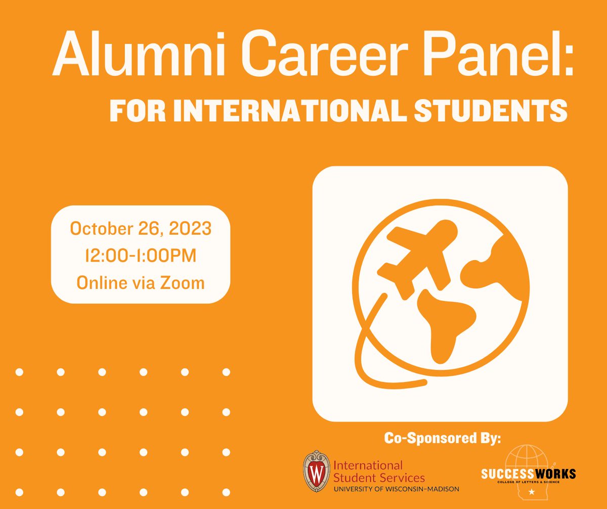 UWSuccessWorks's tweet photo. Are you an international student who would like to learn about the career paths of former UW international students? Stop by this informal virtual panel session to get tips and advice from UW alumni professionals.
Register here: https://t.co/xLe67GTfyB
#successworks #uwmadison https://t.co/Yb1wxrdqAN