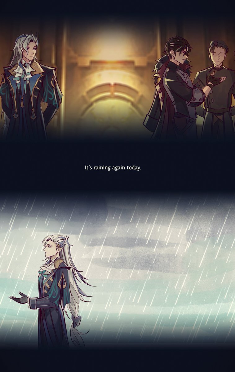 KeyadeArt's tweet photo. They say that the rain contains every memory and emotion there ever was. Good thing only one person can hear them. 🌧️⛓️ #Neuvillette #Wriothesley #wriolette #GenshinImpact https://t.co/Gs5B3zFIAR