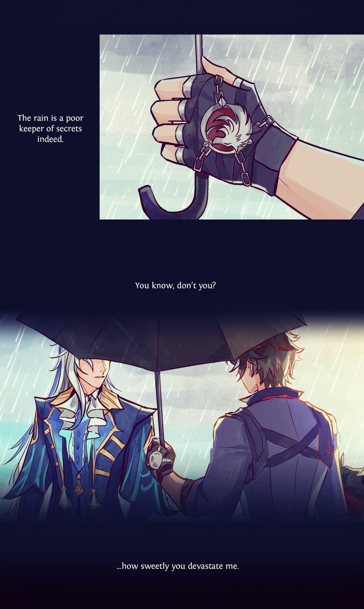 KeyadeArt's tweet photo. They say that the rain contains every memory and emotion there ever was. Good thing only one person can hear them. 🌧️⛓️ #Neuvillette #Wriothesley #wriolette #GenshinImpact https://t.co/Gs5B3zFIAR