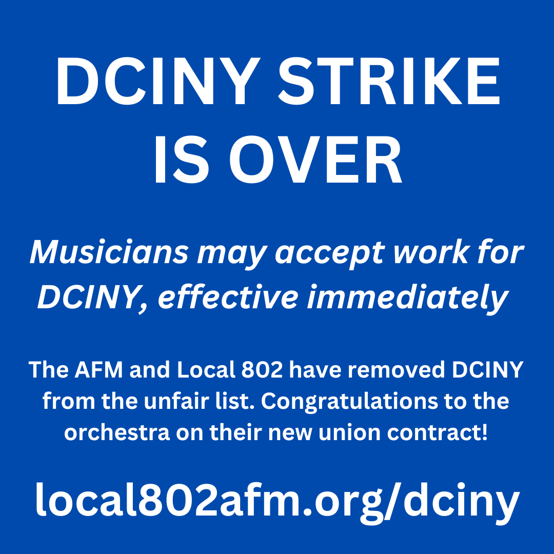 Local_802_AFM's tweet photo. The @DCINY strike is over: musicians may accept work for @dciny, effective immediately. @The_AFM and @local_802_afm have removed @dciny from unfair list. Congratulations to @DCINYOrchestra on new contract! Details: https://t.co/7ovqhoE94j #Solidarity @CentralLaborNYC @ericdkoch https://t.co/Wj0iFmih4w