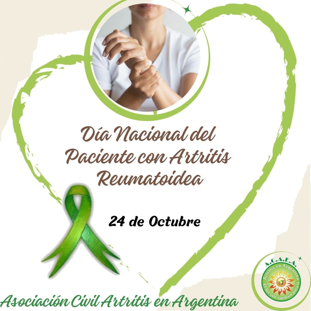 El 24 de octubre es el Día Nacional del Paciente con Artritis Reumatoidea y fue acordado por la Sociedad Argentina de Reumatología (SAR) Y la Alianza Federal. 
Es una enfermedad autoinmune, crónica,  de origen desconocido.
Hagamos visible  lo invisible
#HablemosdeAR
#juntosalapAR
