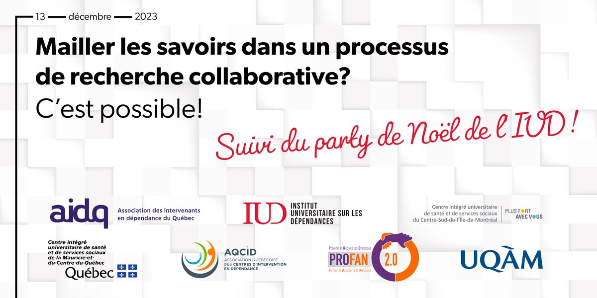 ‼️Les inscriptions sont ouvertes‼️
Mailler les savoirs dans un processus de recherche collaborative? C’est possible!

➡️13 décembre dès 13 h 00
➡️Formule hybride

🎟️Détails et inscriptions : iud.quebec/fr/evenement/m…
