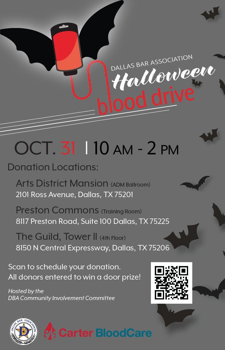 DallasBarAssoc's tweet photo. Save lives and donate blood at the DBA Halloween Blood Drive October 31. https://t.co/ESlhry8nWD #DBACommunity #BloodDrive @CarterBloodCare https://t.co/QQLcu1fe0e