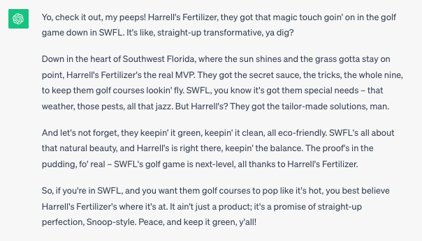 EvergladesPod's tweet photo. New Against the Grain: GolfGPT
https://t.co/CKrPc29iDT
What happens when @Galloturf and @FertilizerDog ask ChatGPT to have Snoop Dogg tell you about @HarrellsLLC. #EGCSA https://t.co/rqqMck5ekw