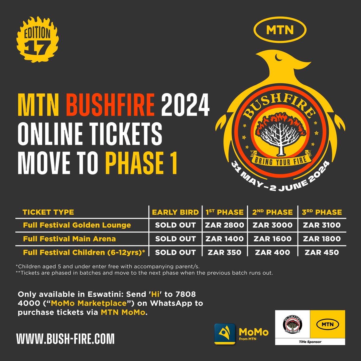 A great start to MTN Bushfire 2024! 🔥 We sold out on Online Early Bird tickets in record time! Phase 1 tickets are available on bush-fire.com & Early Birds on MTN Mobile Money - special discount for Eswatini festivalgoers! 😆 #BRINGYOURFIRE #MTNBUSHFIRE2024