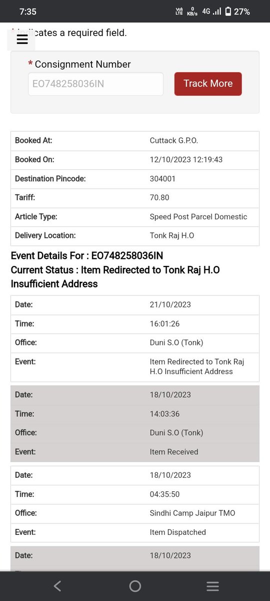 I_SmitaMishra's tweet photo. Thank you so much @IndiaPostOffice for your so SLOW &amp; so LONG..SPEEDPOST service.. Now kindly deliver my parcel without circulating it here and there unnecessarily for so many days. You people are doing this repeatedly and its frustrating for both sender and receiver.. ENOUGH https://t.co/BzFs6km4AN
