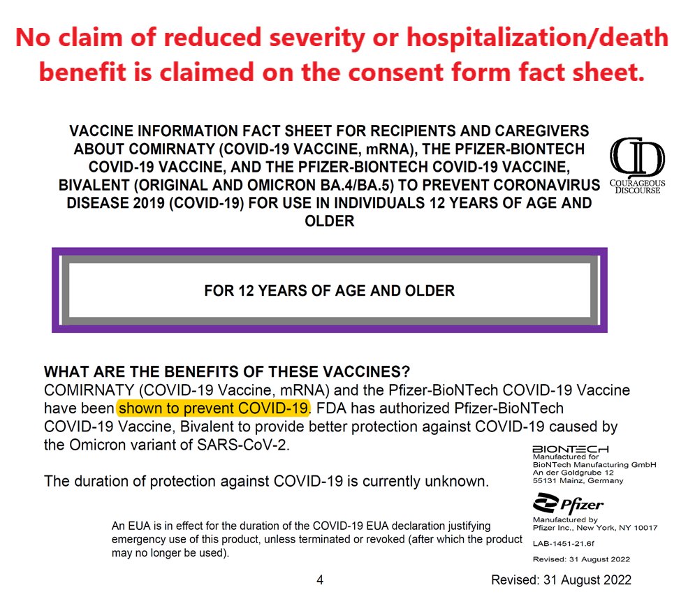 No prospective, double-blind, placebo controlled trial has shown a reduction in hospitalizations or deaths. There is no valid claim the COVID-19 vaccines reduce important outcomes. The consent form doesn't make that claim. False promotion by agency officials must stop.