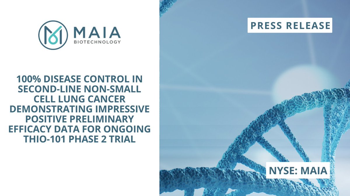MAIABiotech's tweet image. Just in: MAIA Biotech reports 100% Preliminary DCR in 2nd-line and 88% in 3rd-line treatments for #NSCLC patients in ongoing Phase 2 trial, THIO-101, far surpassing standard of care rates. Details: bit.ly/3tEq9fc $MAIA $REGN