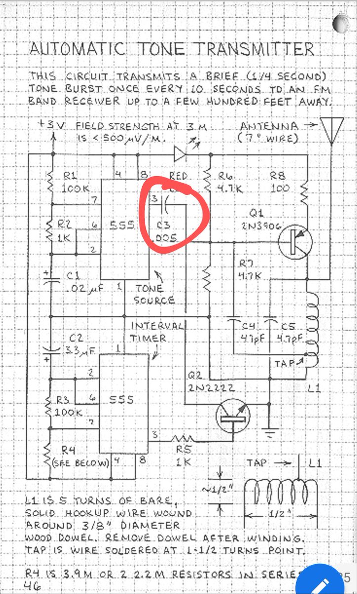 Grrxyn's tweet image. .005 what??  I see pF and μF given for other capacitance values except this one.  #Mims #ForestMims