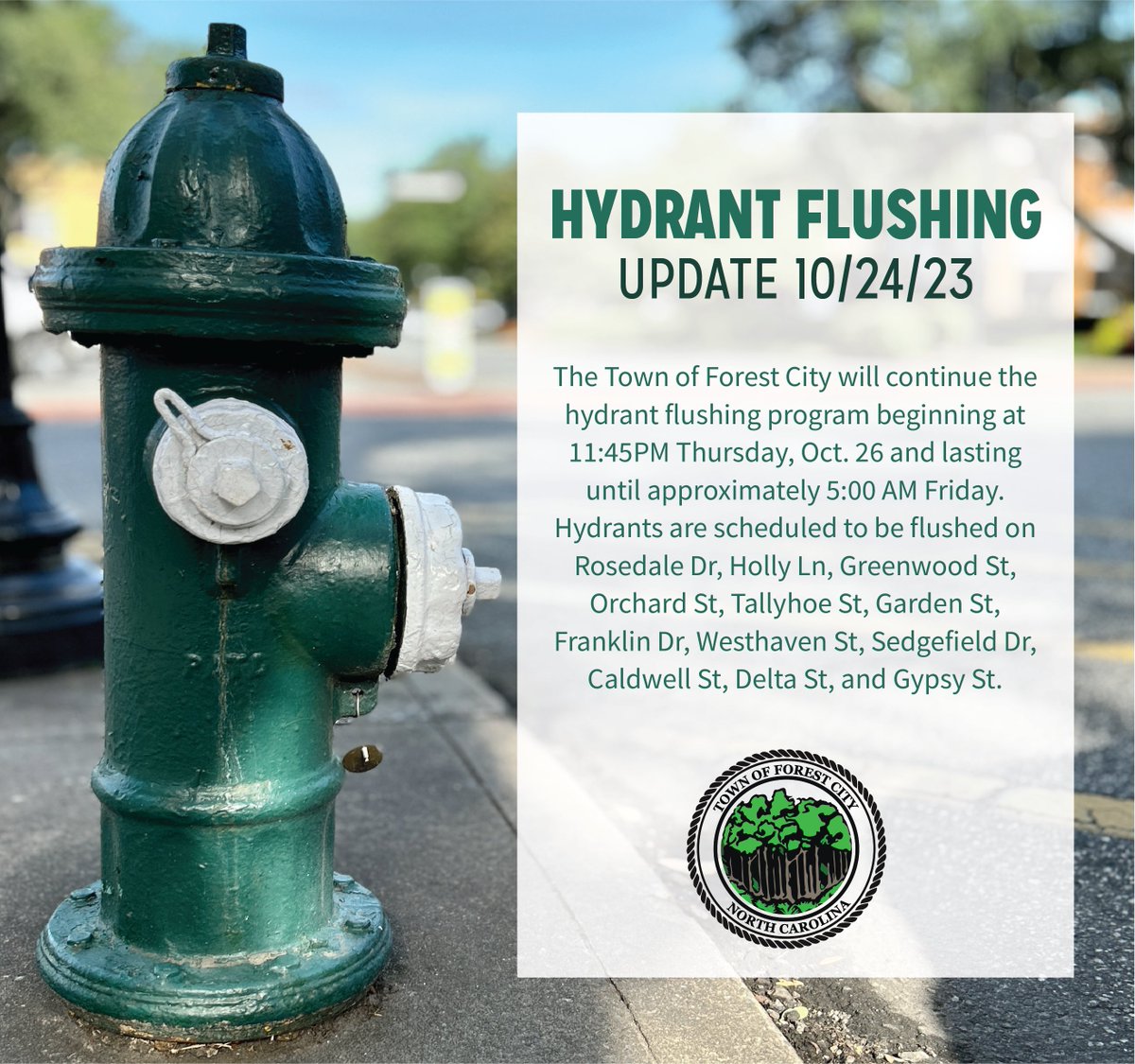 discover_fc's tweet image. FC will continue hydrant flushing on 10/26 beginning at 11:45PM &amp;amp; lasting until approx. 5AM Friday.

Residents experiencing discolored water or low water pressure during this time should flush the faucets in their home for 5-10 mins. Report to 828-245-0149 if the issue persists.