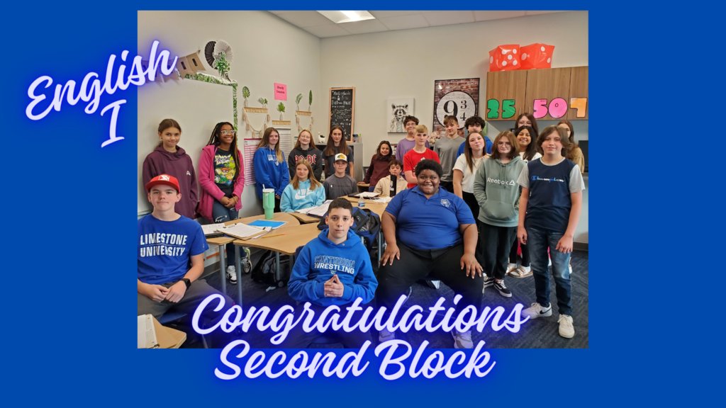Mrs. Eubanks’ English I Honors second block won her class book challenge.  Together these students have read 107 books for Q1!