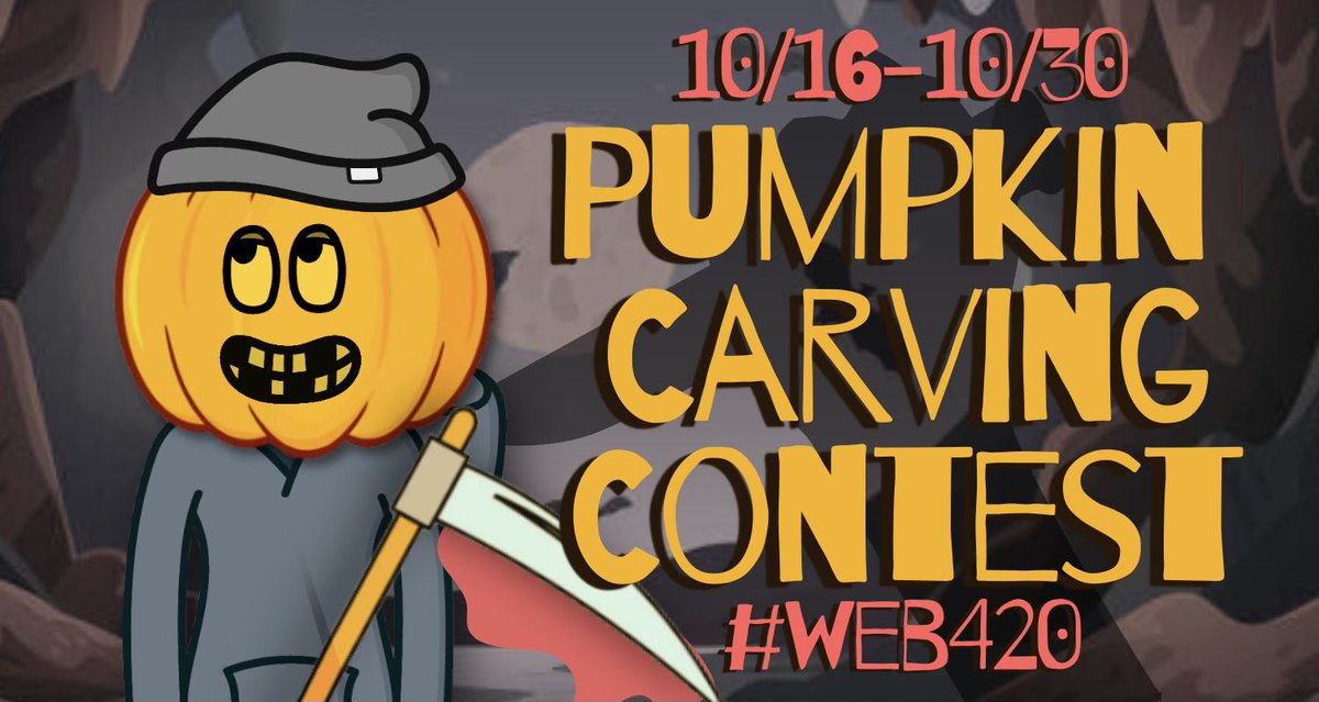 🎃 PUMPKIN ART CONTEST 🎃

RULES :

Anyone can enter! Participants will carve or paint anything Cannabuddies or Cannabis related into a 🎃 &amp; post with the hashtag #web420 💨

Prizes 🏆

🥇 OG Buddie + 1 Jar Gummies 
🥈 OG Buddie OR Gummies 
🥉 OG Buddie OR Gummies

Ends 10/30 👻