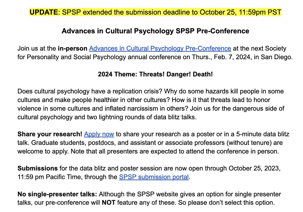 ThomasTalhelm's tweet image. 🚨 Tomorrow (Wed) is the last day to submit to the #SPSP Culture Pre-Conference! Grad students, post-docs, and untenured profs, submit your data blitz talks or posters now. 👨‍🔬 spsp.org/events/annual-…