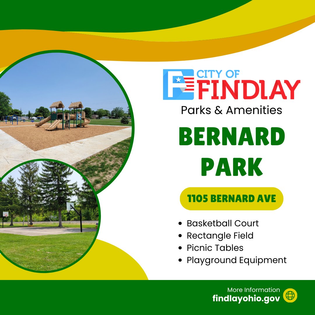 FindlayRec's tweet image. Get outside and enjoy the weather is week at one of our awesome City of Findlay Parks!  Do you know everything that Bernard Park has to offer? Playground equipment has been added to the park.  There is also a large field were you can start a game of football or kickball!