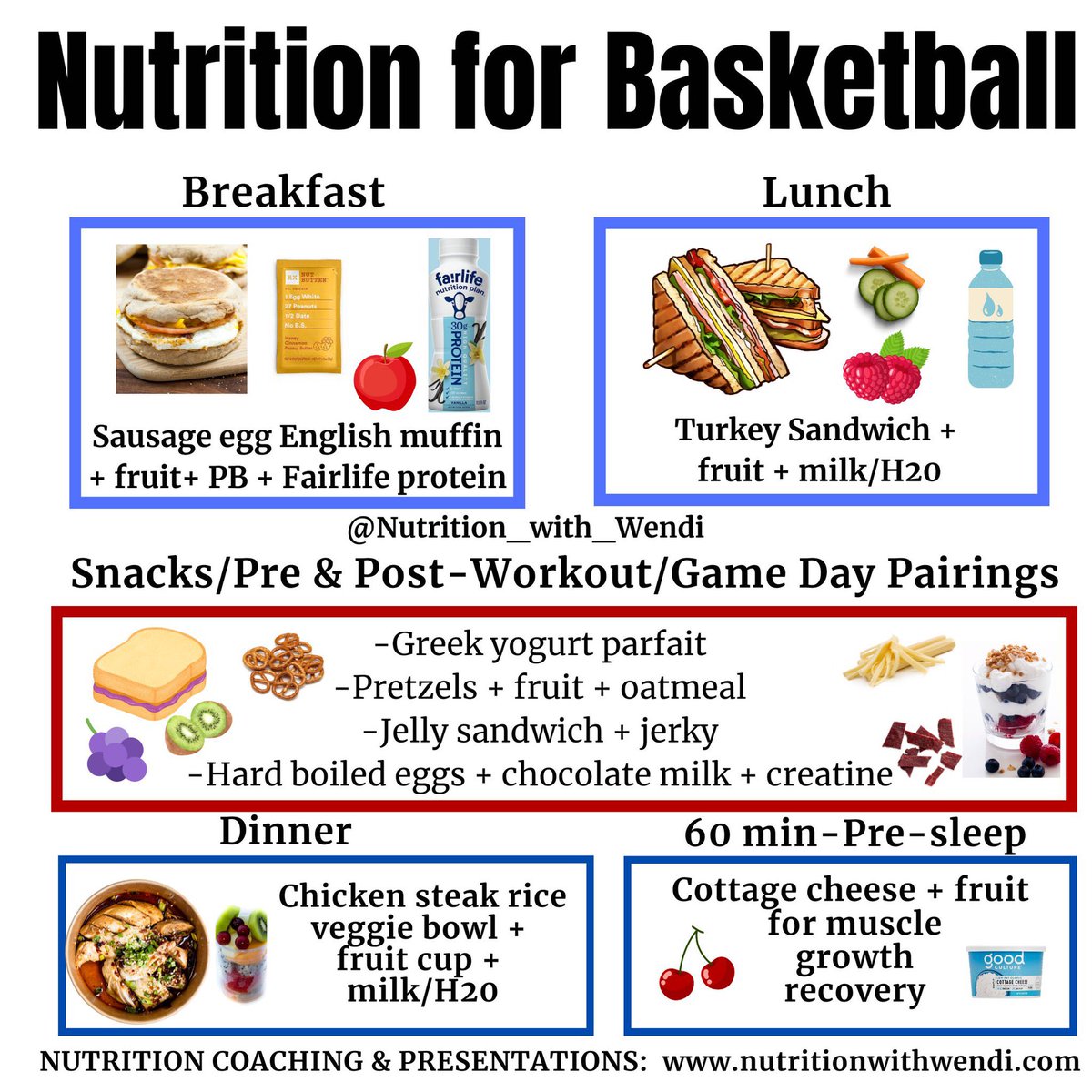 🏀 Perform as an elite basketball athlete
⚡️Breakfast daily
⚡️Sleep 7-9 hours nightly
⚡️Pre + post-training meal
⚡️Hydrate 20 oz every 2 hours
⚡️Iron rich lean red meat a min. 1x/day

🍉Nutrition is your secret weapon. Good or great it's your choice‼️

#basketball #sports #health