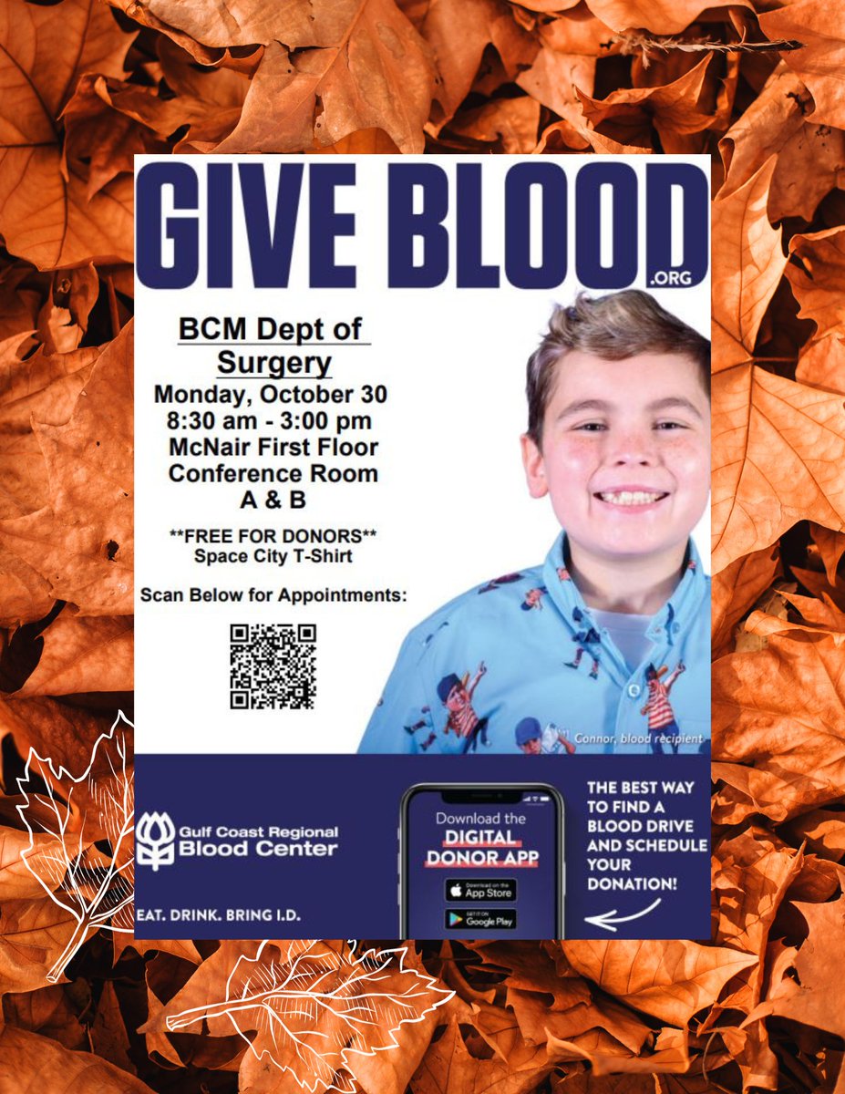 🍁 Join us for a lifesaving adventure this fall! 🩸 @BCM_Surgery is hosting a #FallBloodDrive and we need your support. Let's make a difference together - your donation can save lives! 🍂❤️ Sign up now and be a hero. #DonateBlood #GiveBack #thoracicsurgery