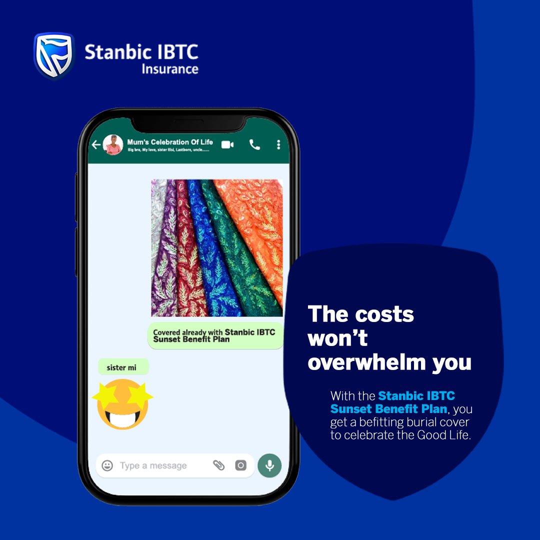 StanbicIBTC's tweet photo. Celebrate the life of loved ones with ease. Get a Stanbic IBTC Sunset Benefit Plan today! Visit https://t.co/V5upWIhOkd to uncover possibilities! 
#GoForLife https://t.co/aXTOj1gxG3