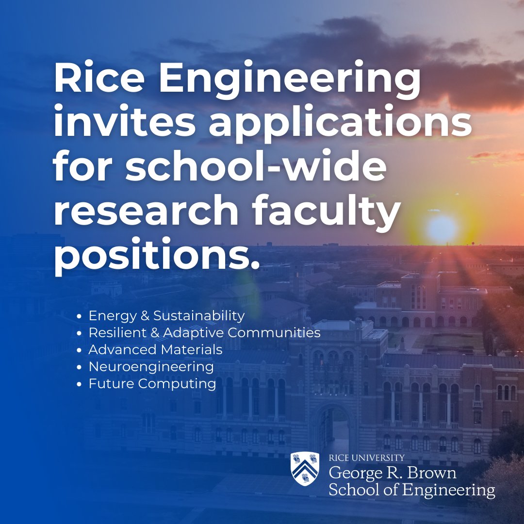 Rice Engineering and Computing (@riceengineering) on Twitter photo 🚨 WE ARE HIRING: Rice Engineering invites applications for school-wide research faculty positions in:
- Energy & Sustainability
- Resilient & Adaptive Communities
- Advanced Materials
- Neuroengineering
- Future Computing
Apply at bit.ly/3lzpDbQ 🚨 WE ARE HIRING: Rice Engineering invites applications for school-wide research faculty positions in:
- Energy & Sustainability
- Resilient & Adaptive Communities
- Advanced Materials
- Neuroengineering
- Future Computing
Apply at bit.ly/3lzpDbQ