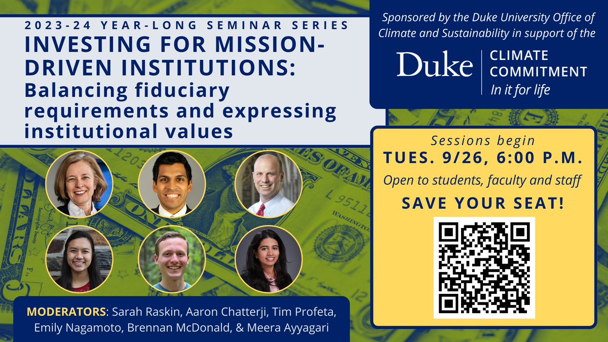 Tonight, Oct. 24 at 6PM, join the Office of Climate and Sustainability for the second session of their nine-session seminar series focusing on long-term investing by mission-based institutions. Tonight's topic: 'What is fiduciary duty?' Learn more ➡️ climate.duke.edu/investing-for-…