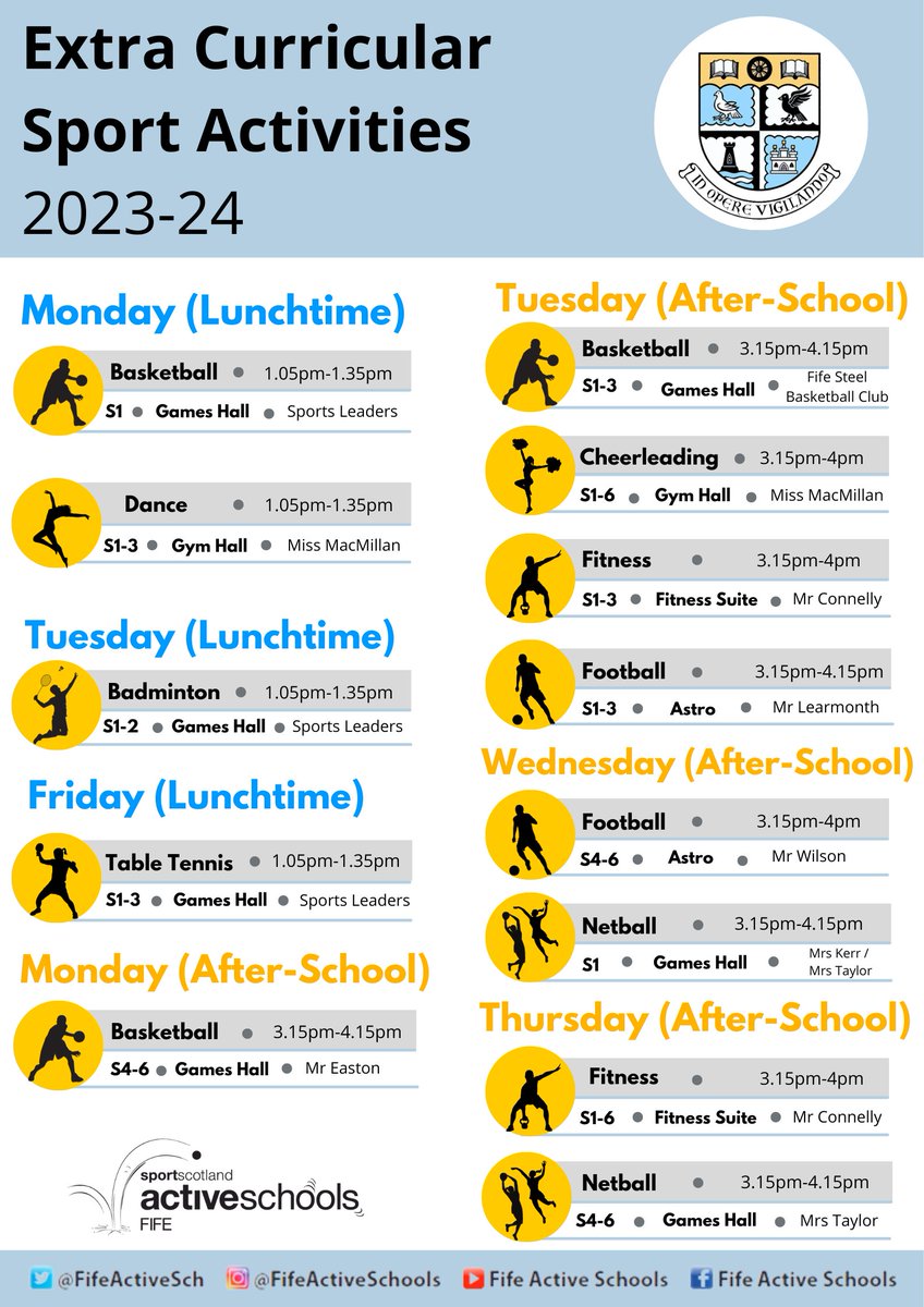 🔵| Extra-Curricular 

Check the poster below for all the extra-curricular sport clubs taking place this term ⬇️

Please note the following clubs will start back next week (WB 30th October): 

➡️Fitness 
➡️Cheerleading 
➡️Basketball (Tuesday after-school)

<a href="/ViewforthHS/">Viewforth High School</a>