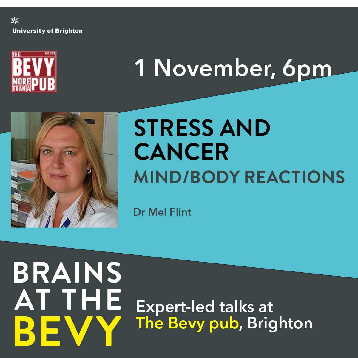 Join the next talk in the Brains The Bevendean Cooperative Pub series - Stress and Cancer Mind/Body Interactions by Dr Mel Flint🧠

Open to the public as well as staff and students👉
brighton.ac.uk/community-part…