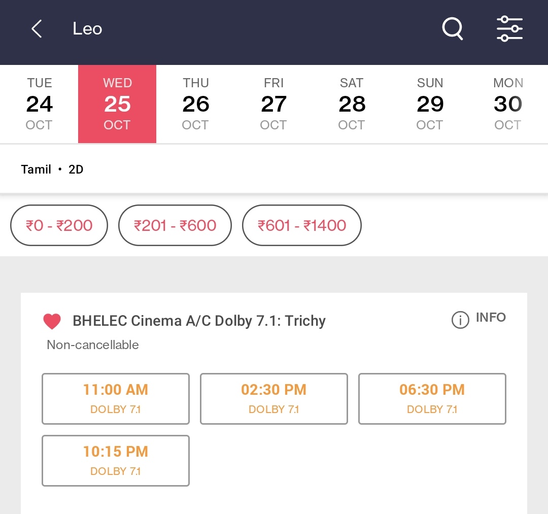 #Leo in @BHELECcinemas (Trichy City):  Day 7 Status: ALL SHOWS ARE FAST FILLING ON A WORKING DAY. 

AMAZING TREND 👌

💥💥💥 RAMPAGE CONTINUES 💥💥💥

#LeoIndustryHit
#LeoBlockbuster 
#LeoIndustryBlockbuster 
#LeoBookingsUpdate